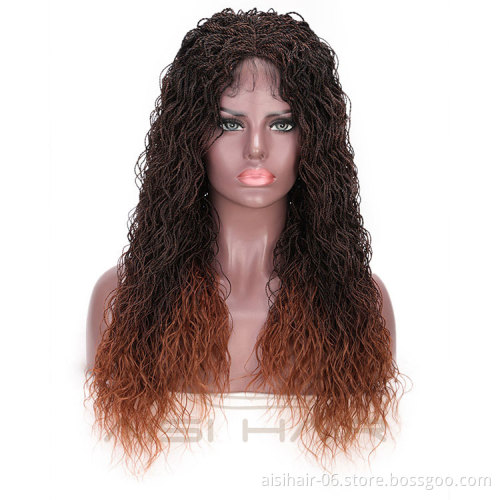 Aisi Hair Synthetic Twist Braided Lace Front Long Wavy Wigs Ombre Brown Senegalese Lace Front Long Braided Wigs For Women